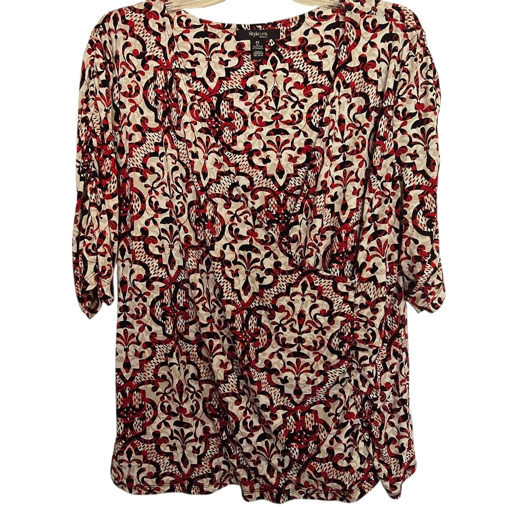 Style & Co. Red White and Black Patterned Faux Wrap Blouse